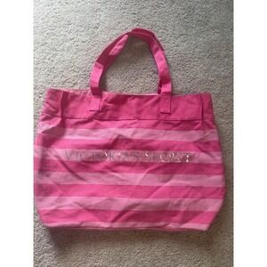 Victorias Secret Pink Stripe Canvas Tote Bag Silver Logo Beach Shoulder Bag